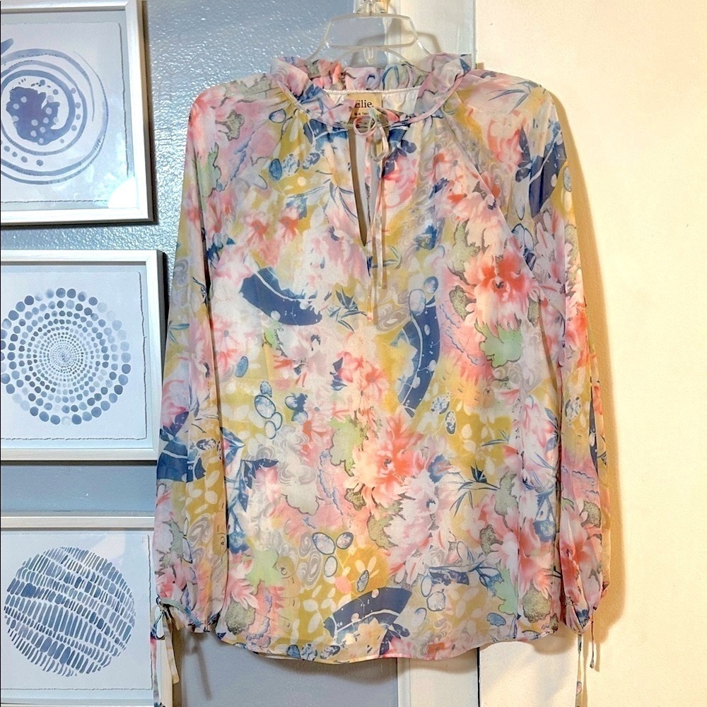 Elie Tahari Pastel Floral Blouse with Tie Neck M